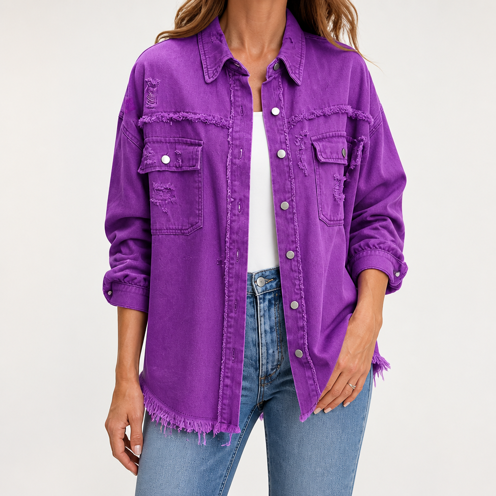 Genevieve | Womens Ripped Longline Denim Jacket, Dark Purple