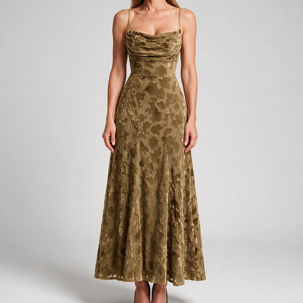 Colette | Womens Wedding Guest Maxi Lace A-Line High Waist Dresses Khaki