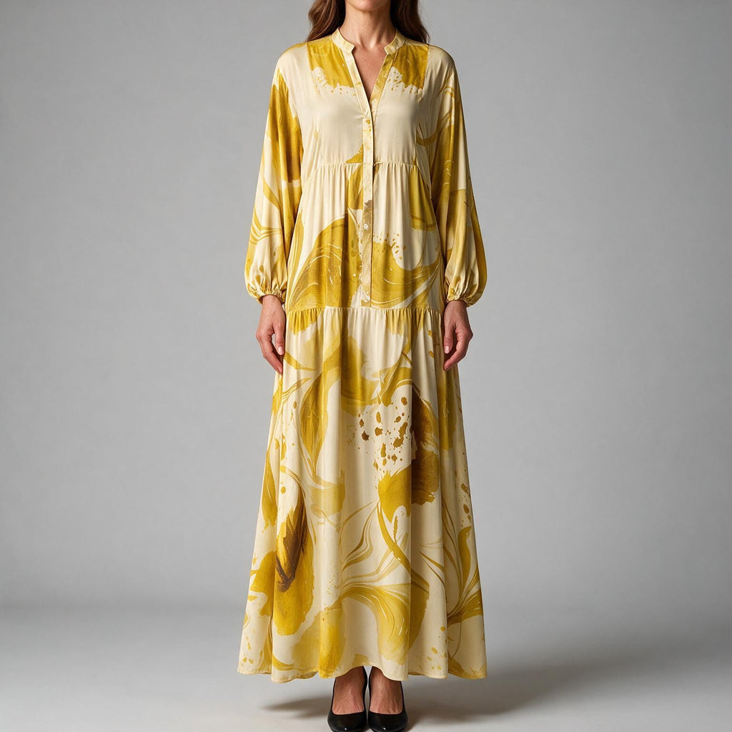 Ulric | Womens Dress Printed Long Sleeve V Neck Loose Maxi Dress Yellow
