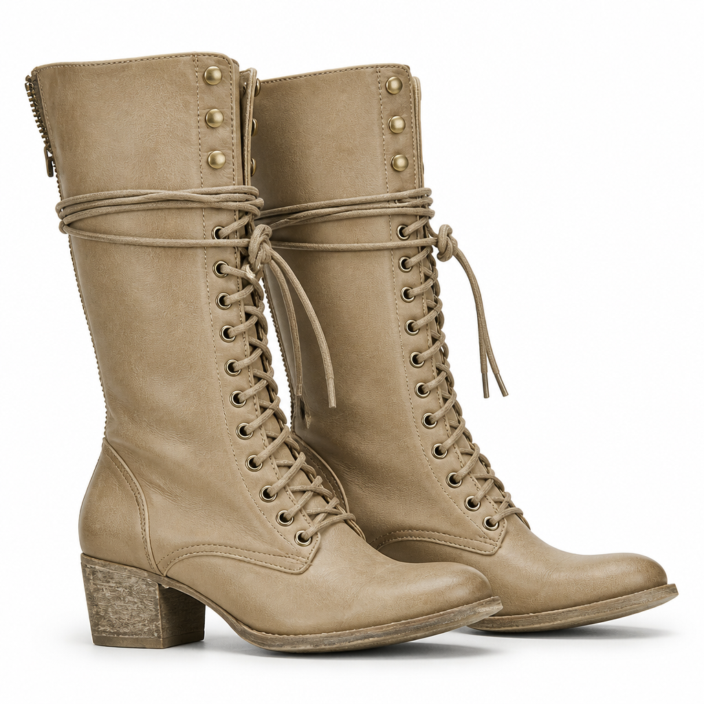 Isla | Womens Knee High Boots Lace Up Block Heel Boots Light Khaki packshot