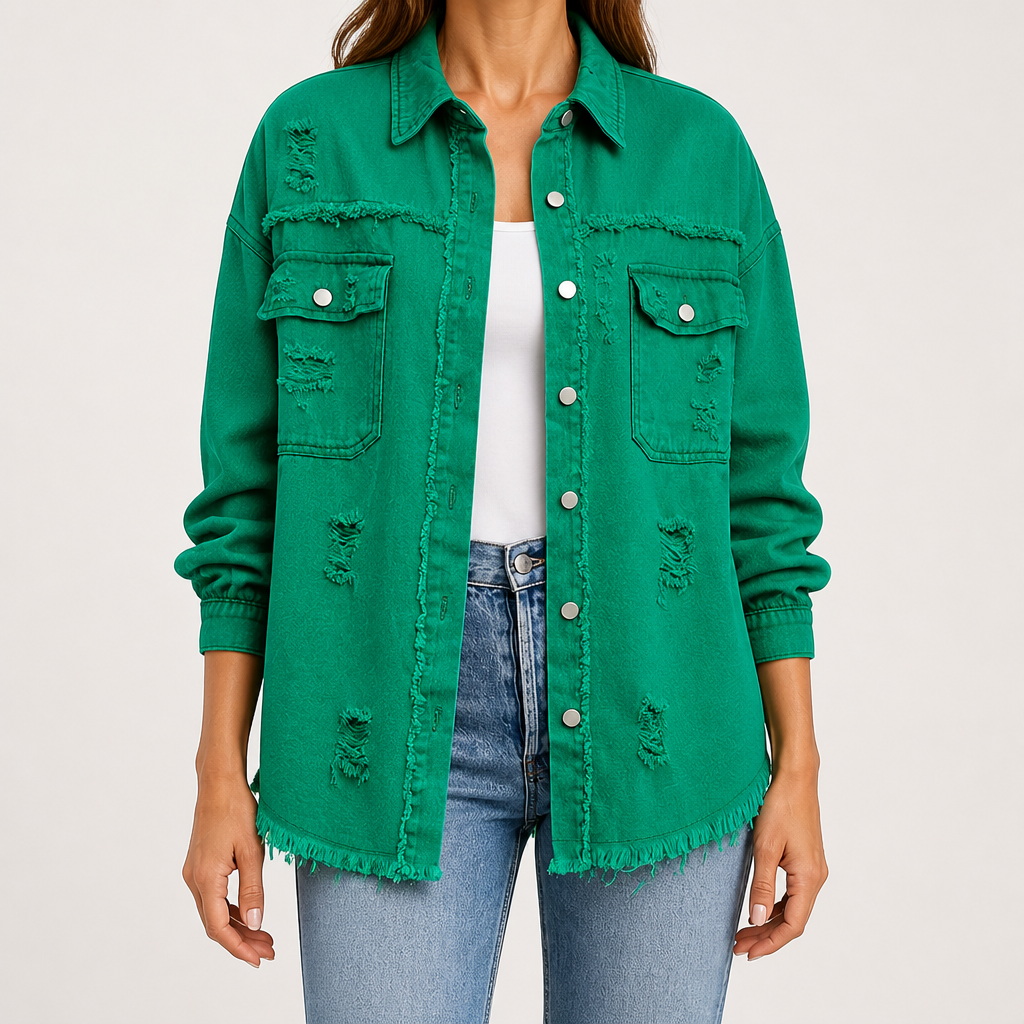 Genevieve | Womens Ripped Longline Denim Jacket, Dark Green