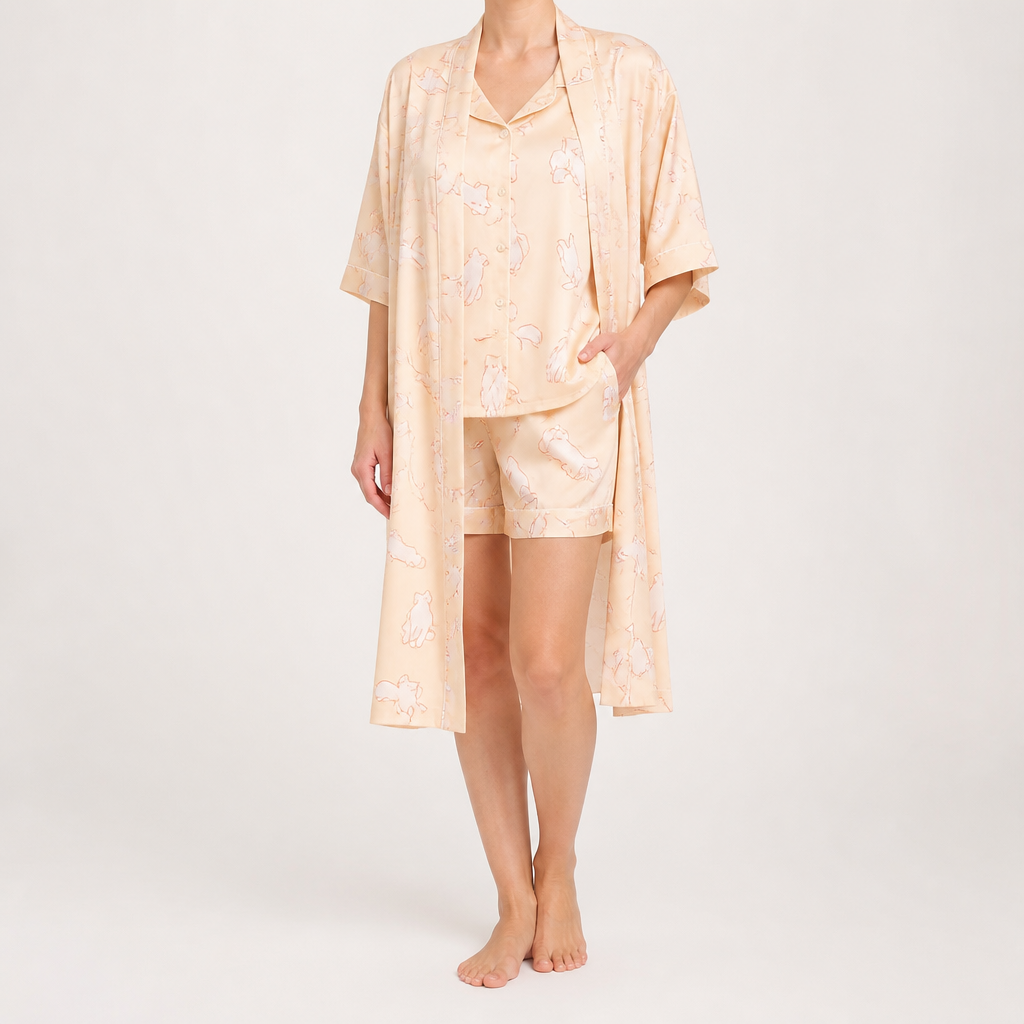 Odette | Womens Short Sleeve Satin Pyjama Set, Beige