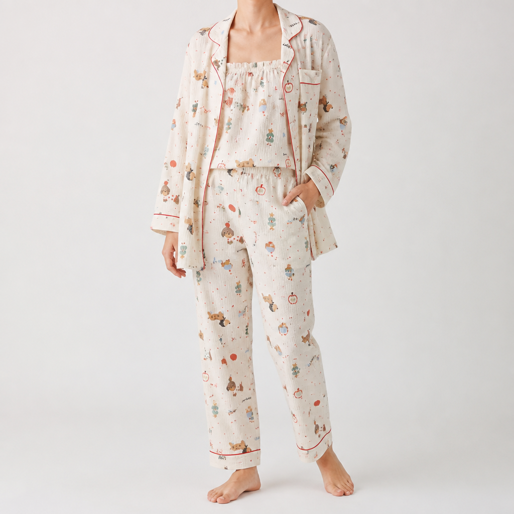 Rosalind | Womens Long Sleeve Button Up Cotton Pyjama Set Loungewear, Cream 8