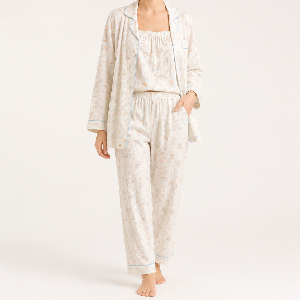 Rosalind | Womens Long Sleeve Button Up Cotton Pyjama Set Loungewear, White