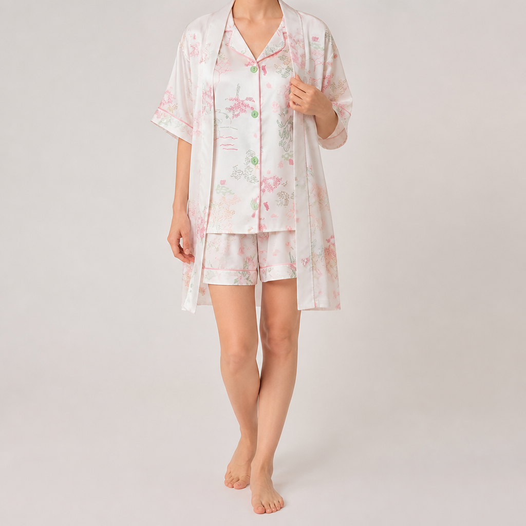 Odette | Womens Short Sleeve Satin Pyjama Set, White 3