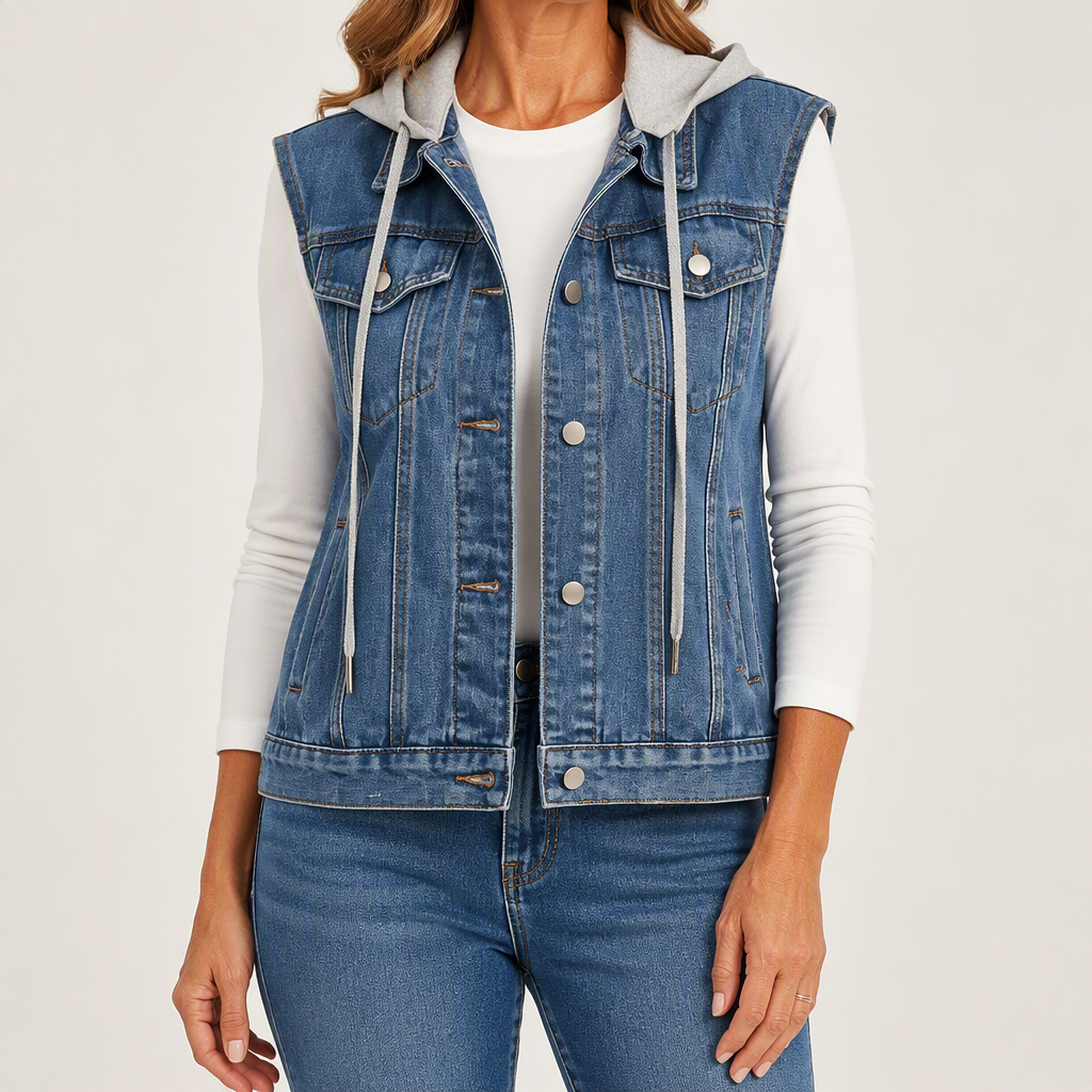 Cordelia | Womens Hooded Denim Gilet Waistcoat, Blue 2