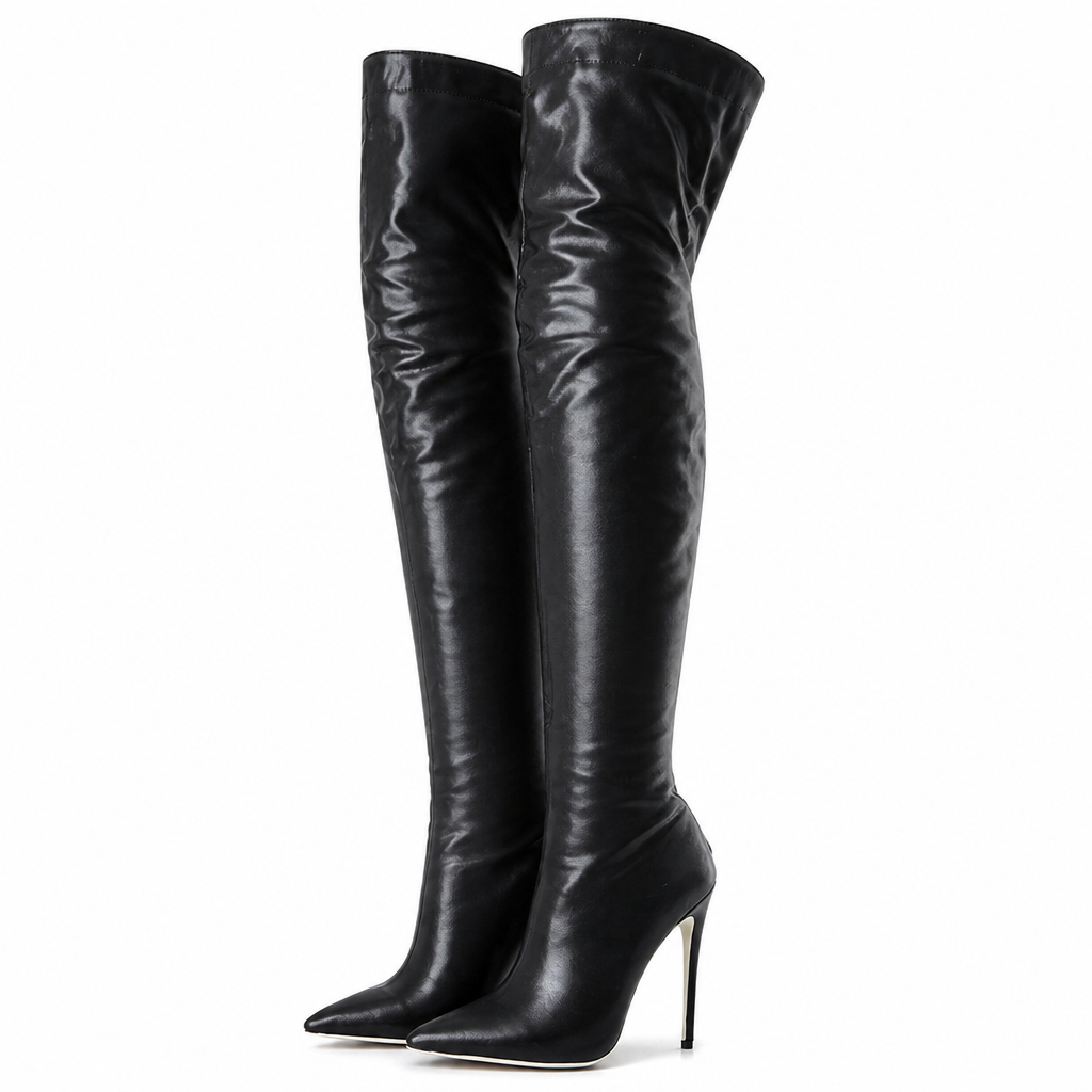 Camilla | Womens Knee High Heeled Pointed Toe Leather Long Boots Black 2 packshot