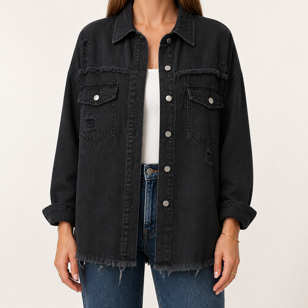 Genevieve | Womens Ripped Longline Denim Jacket, Black
