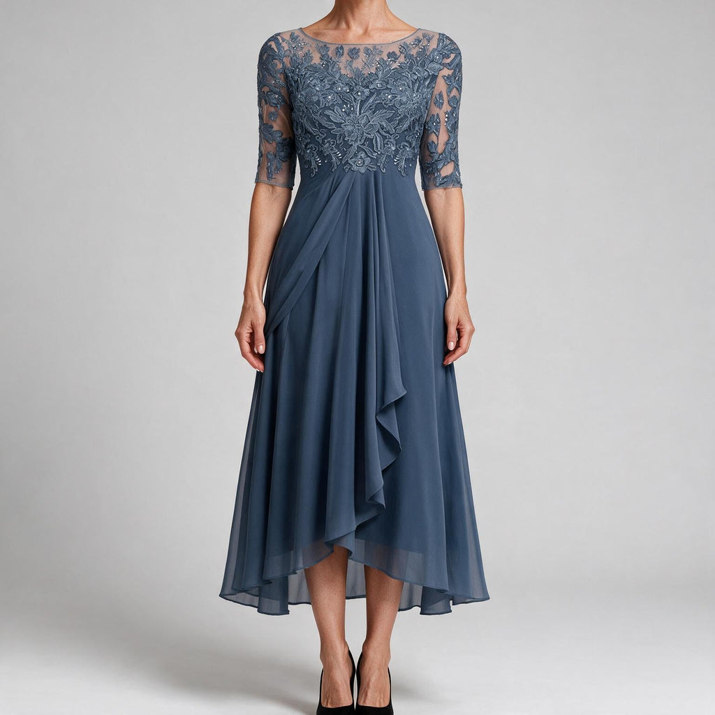 Isla | Womens Wedding Guest Dress Bridesmaid Cocktail Midi Lace Chiffon Dress Blue