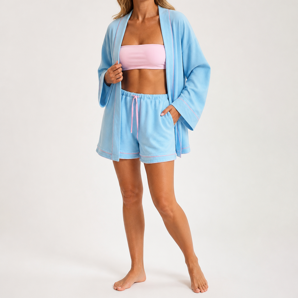 Isabella | Womens Cotton Cardigan Shorts Pyjama Set, Blue