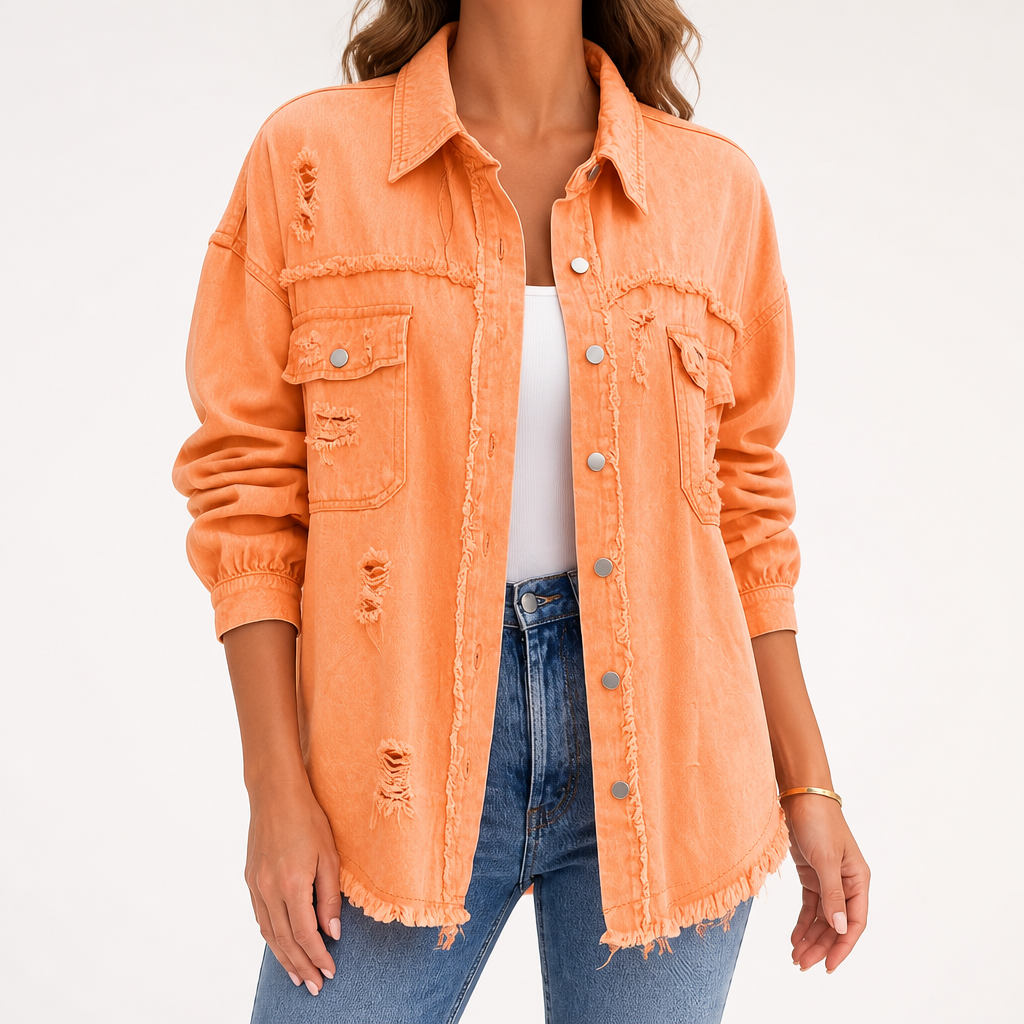Genevieve | Womens Ripped Longline Denim Jacket, Orange
