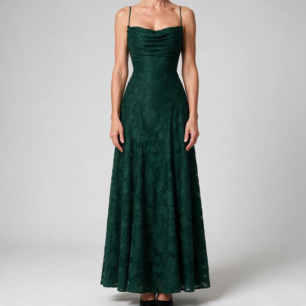 Colette | Womens Wedding Guest Maxi Lace A-Line High Waist Dresses Dark Green