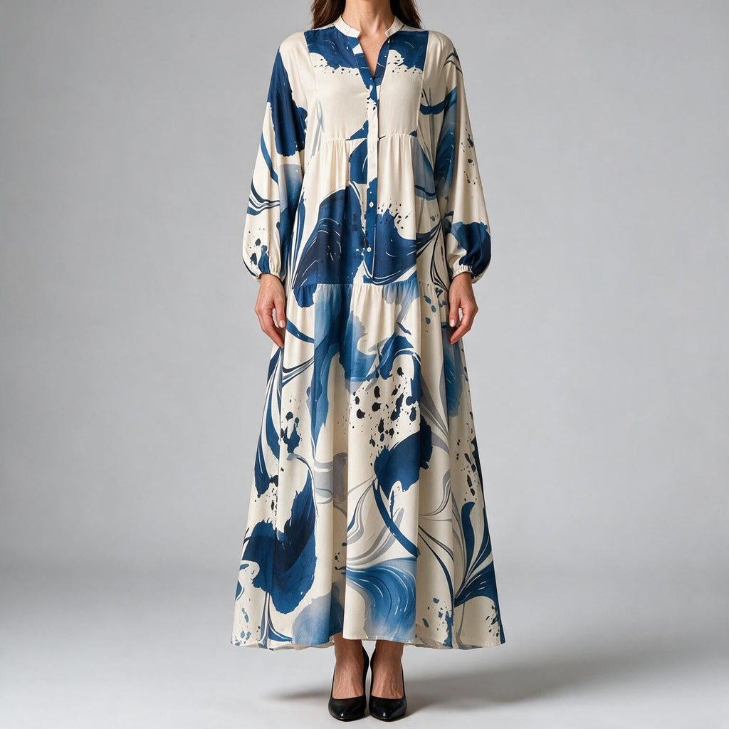 Ulric | Womens Dress Printed Long Sleeve V Neck Loose Maxi Dress Blue