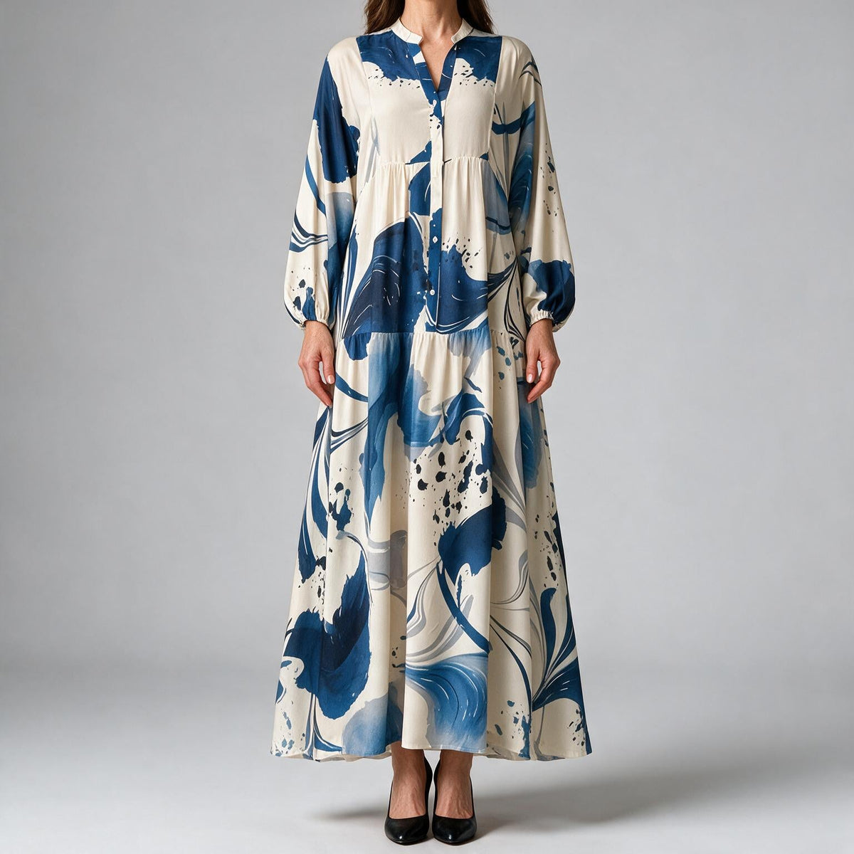 Ulric | Womens Dress Printed Long Sleeve V Neck Loose Maxi Dress Blue