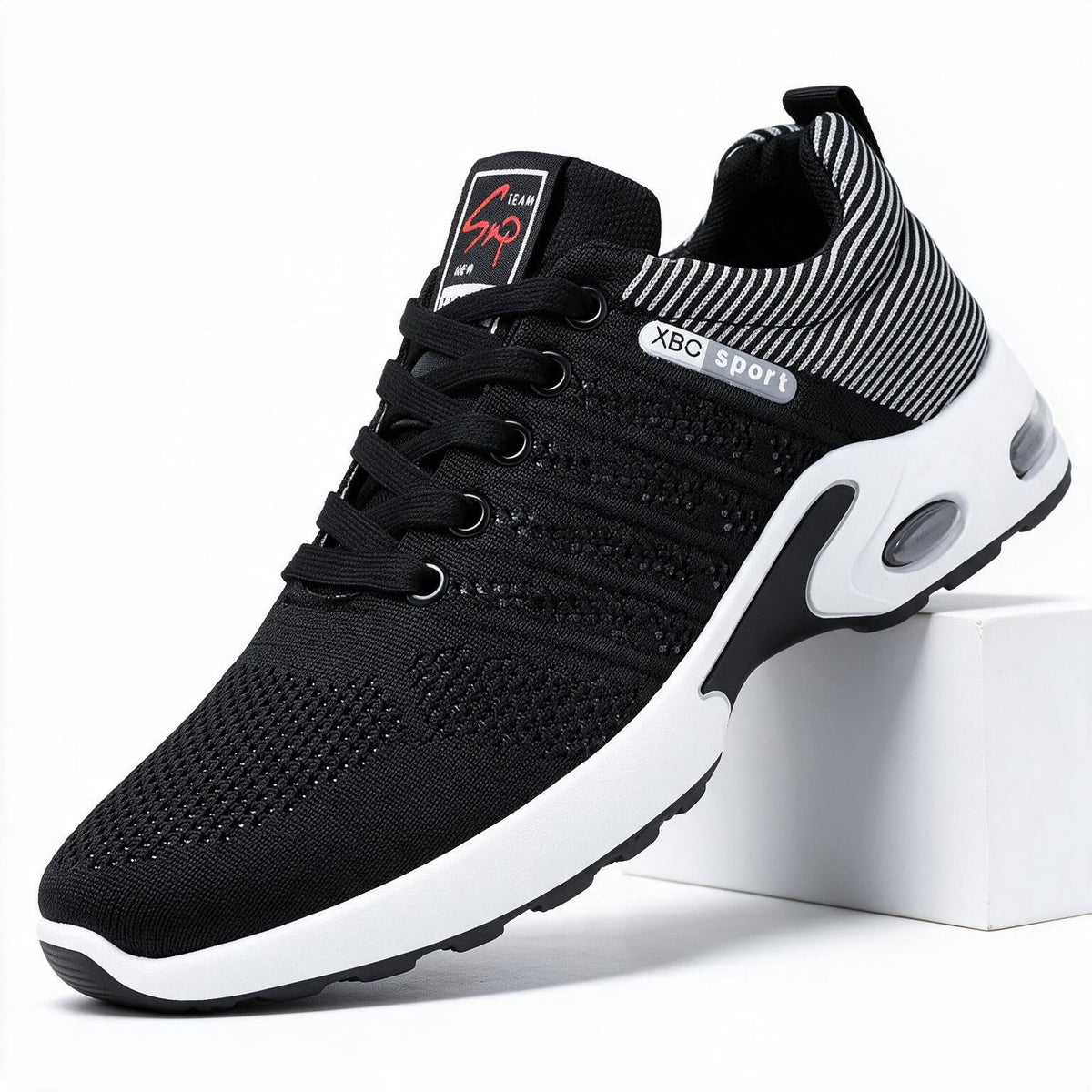 Tobin | Mens Knit Cushioned Running On Shoes Black White packshot