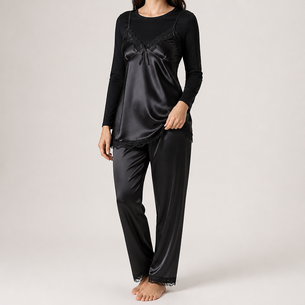 Seraphina | Womens Satin Lace Nightdress Chemise Slip, Satin Black