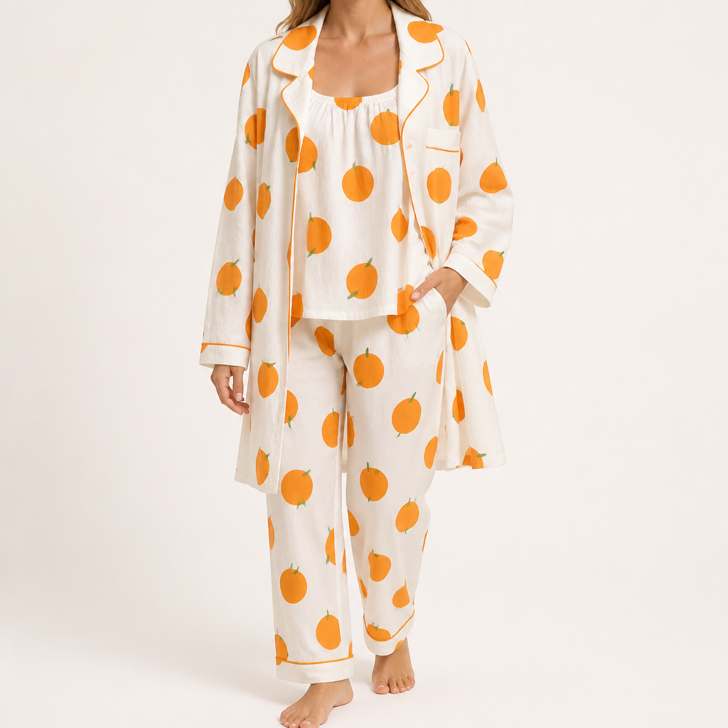 Rosalind | Womens Long Sleeve Button Up Cotton Pyjama Set Loungewear, Apricot