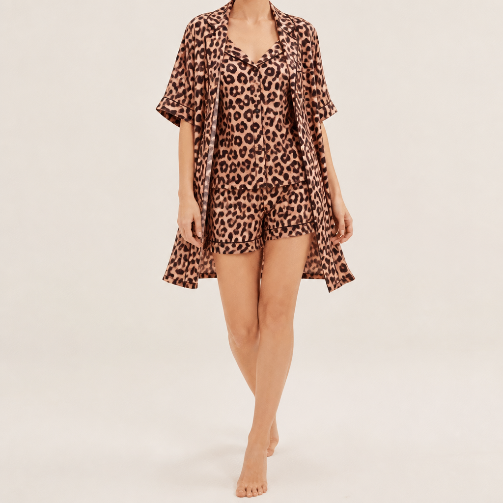 Odette | Womens Short Sleeve Satin Pyjama Set, Leopard Brown