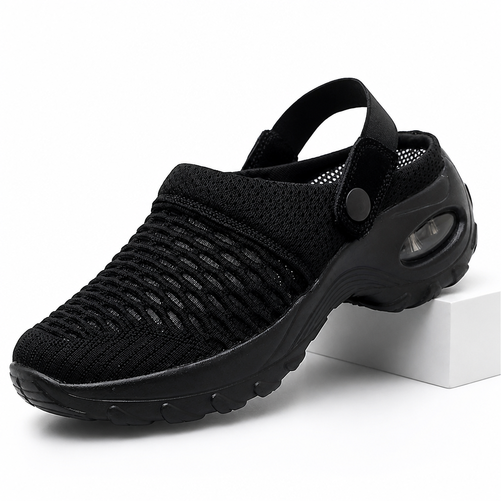 Juno | Womens Trainers Slip On Mesh Breathable Air Cushion Walking Shoes Black packshot
