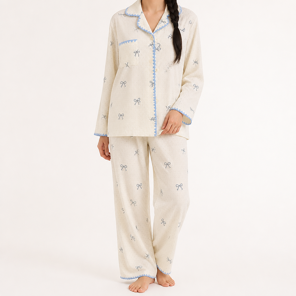 Beatrix | Womens Long Sleeve Cotton Pyjama Set Loungewear, Cream