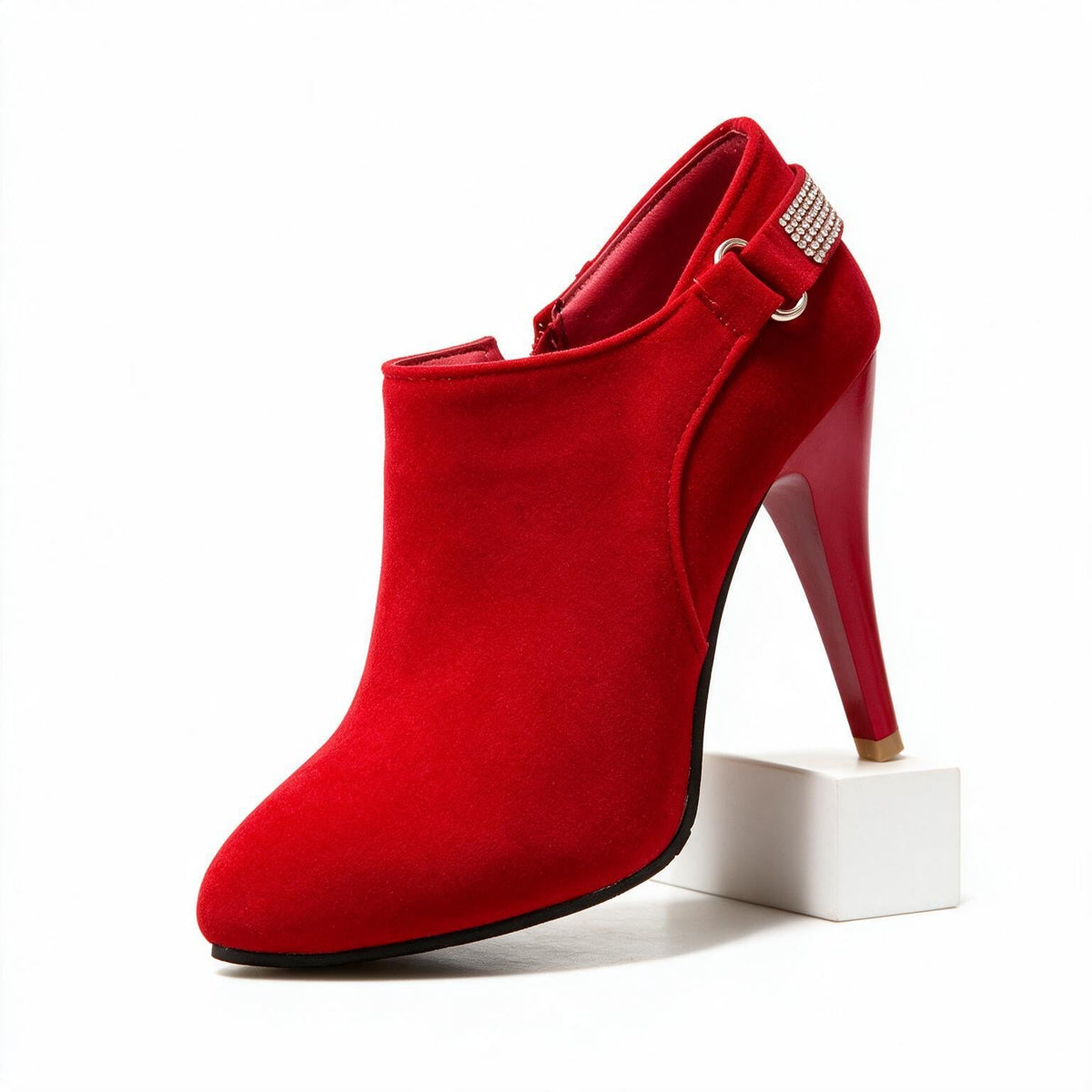 Ophelia | Womens Rhinestone Suede Pointed Toe High Heels Shoes Red packshot
