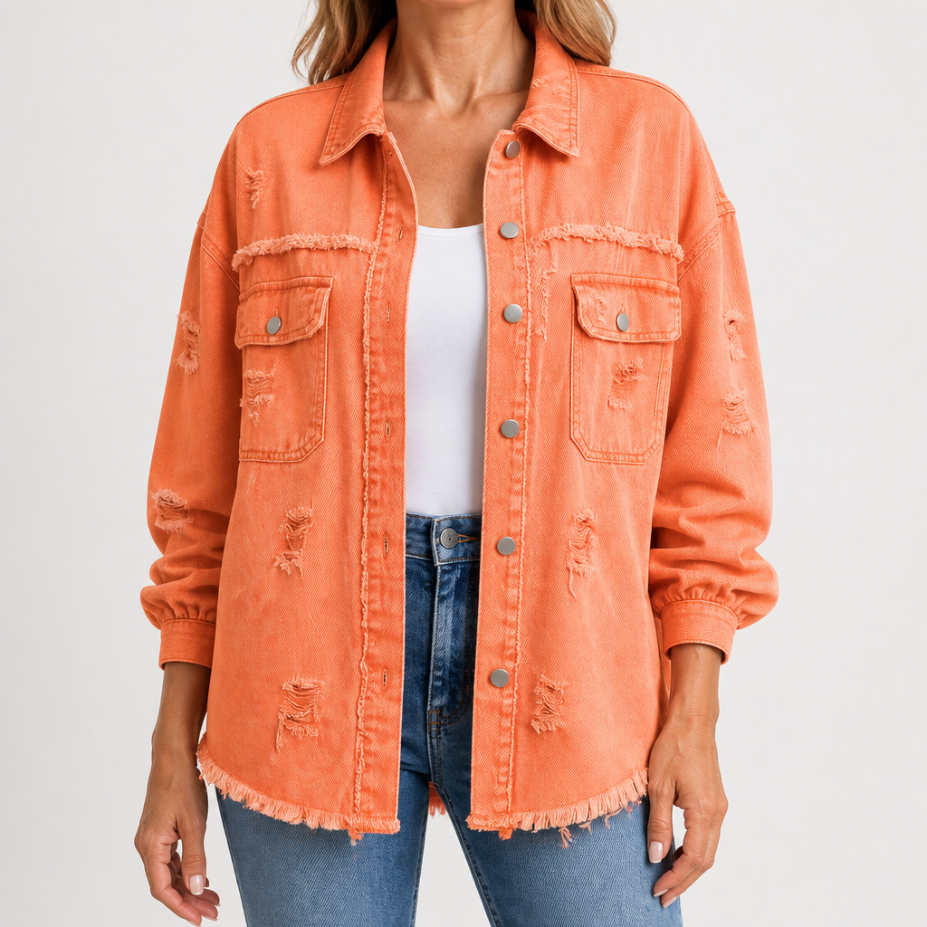 Clarissa | Womens Longline Distressed Denim Jacket, Orange