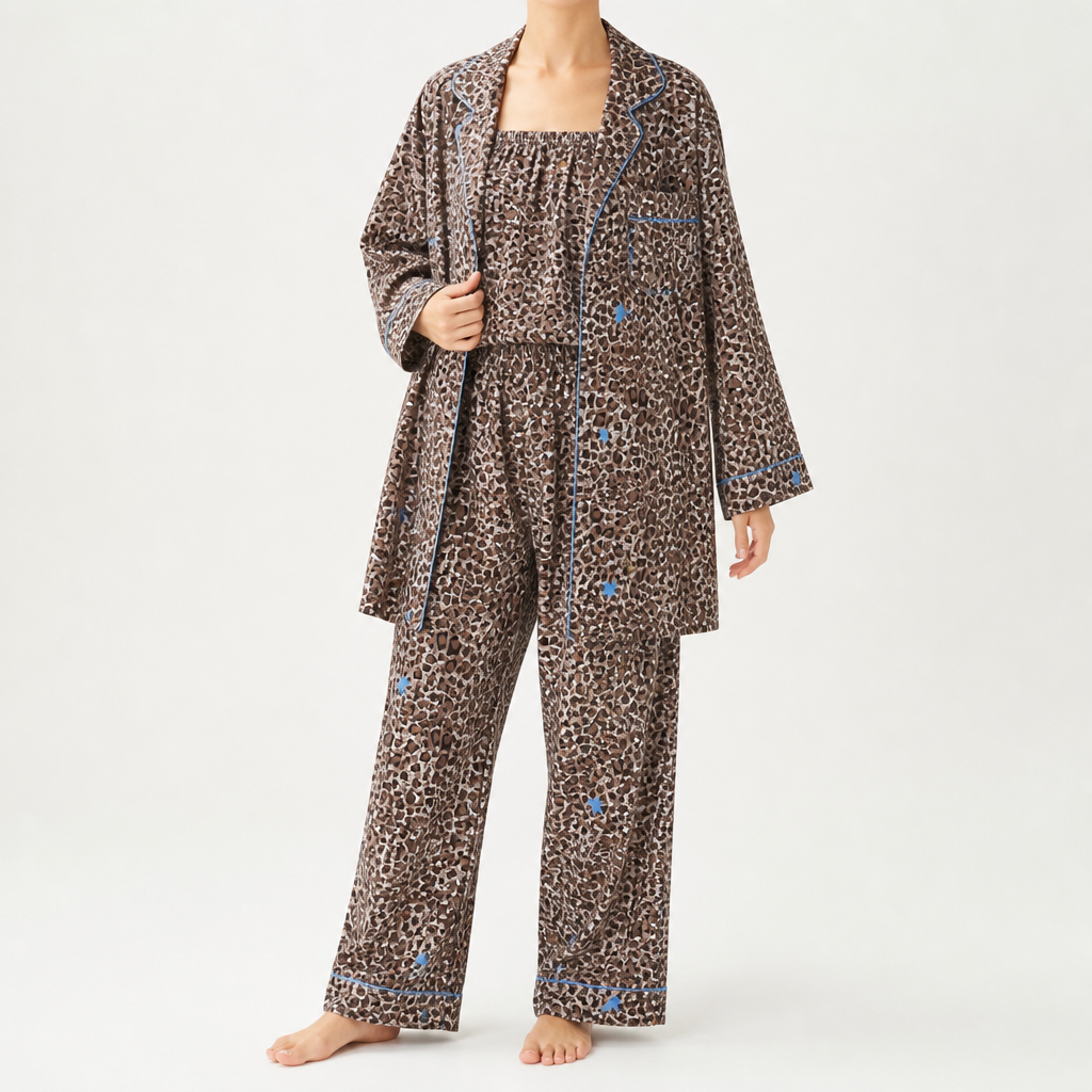 Rosalind | Womens Long Sleeve Button Up Cotton Pyjama Set Loungewear, Brown