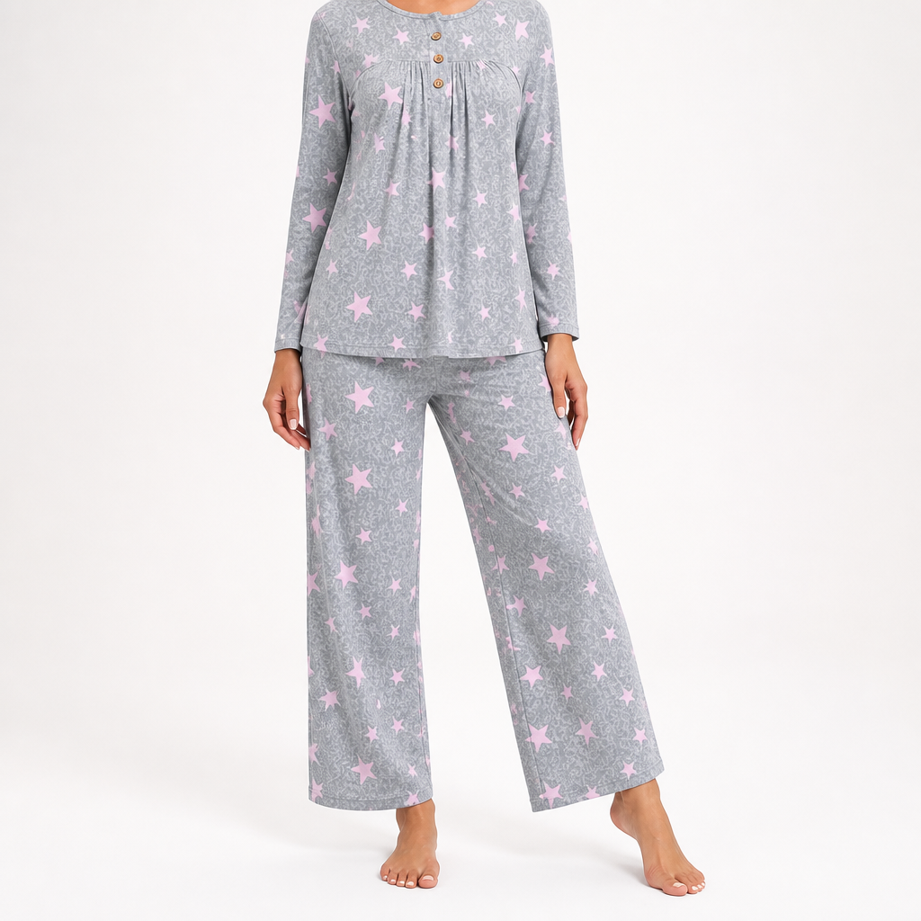 Harriet | Womens Long Sleeve Pyjama Set With Pockets Loungewear, Light Grey