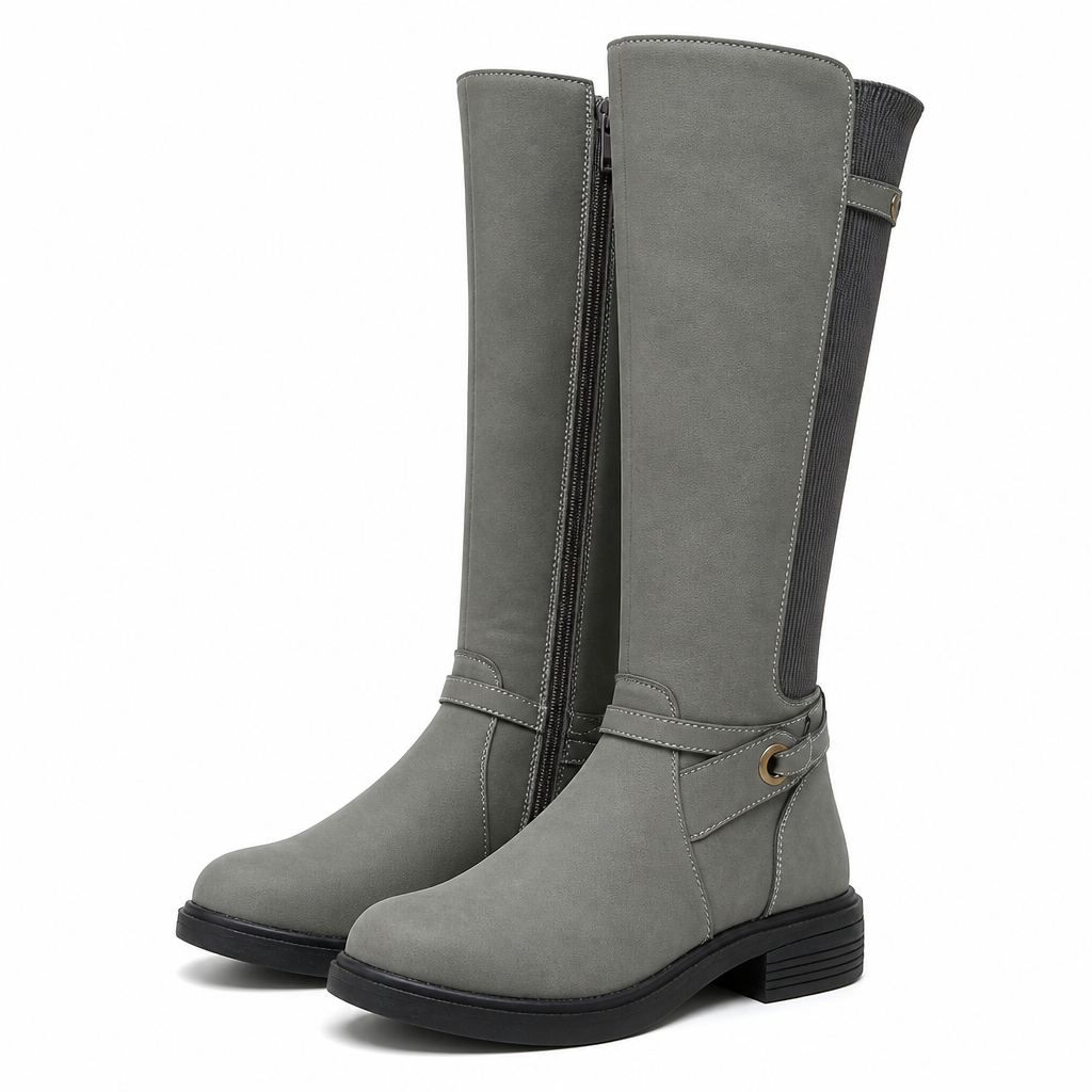 Juniper | Womens Knee High Chunky Heel Side Zip Boots Grey packshot