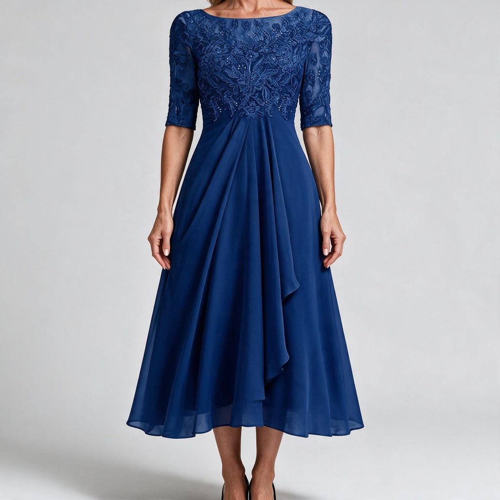 Isla | Womens Wedding Guest Dress Bridesmaid Cocktail Midi Lace Chiffon Dress Dark Blue