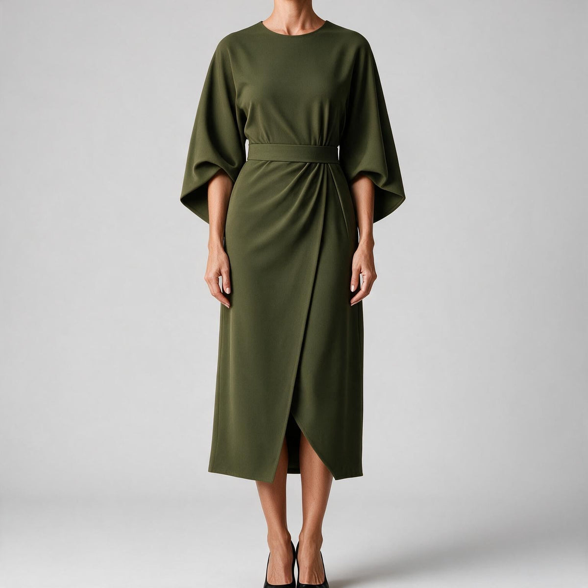 Rhoswen | Womens Wedding Guest Dresses Batwing Sleeve Maxi Elegant Dress Army Green