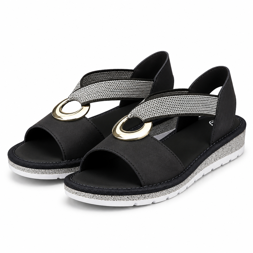 Serena | Womens Sandals Wedge Heel Ankle Strap Fisherman Sandals Black packshot