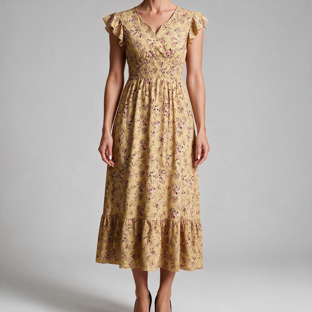 Willa | Womens Wedding Guest Floral Maxi A-Line Summer Dress Yellow