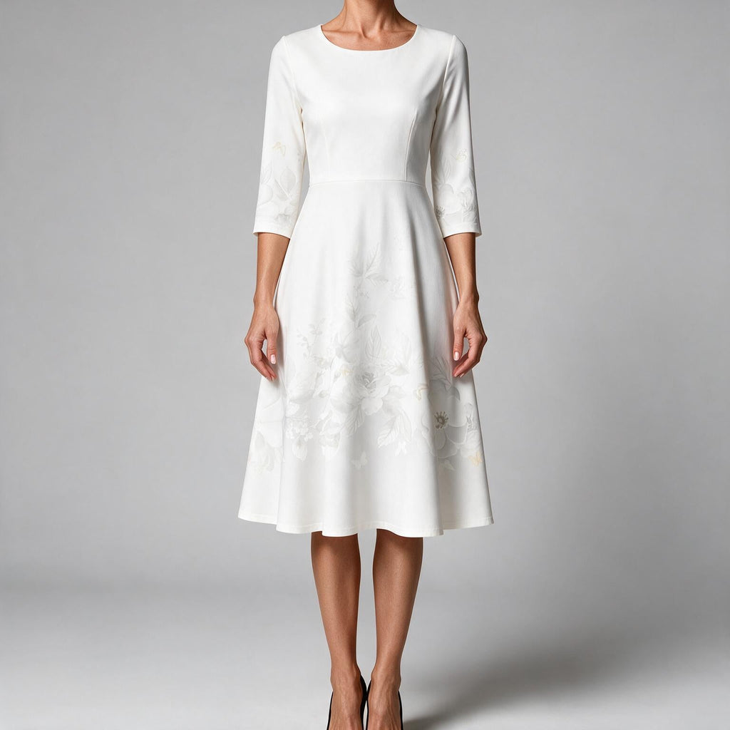 Marguerite | Womens Wedding Guest Floral Round Neck Straight Midi Dress White