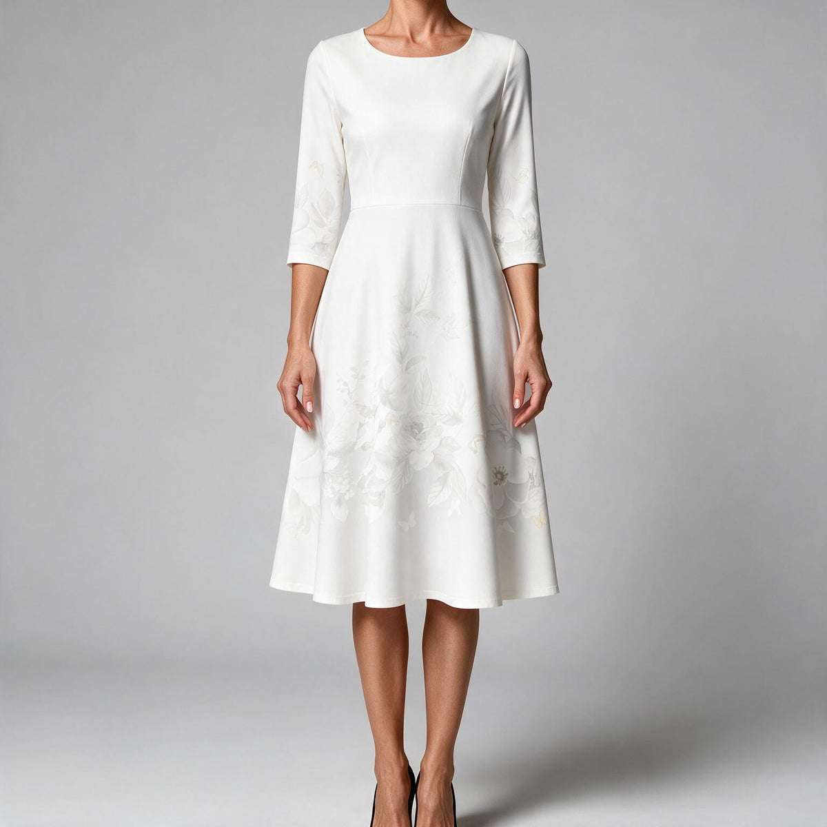 Marguerite | Womens Wedding Guest Floral Round Neck Straight Midi Dress White