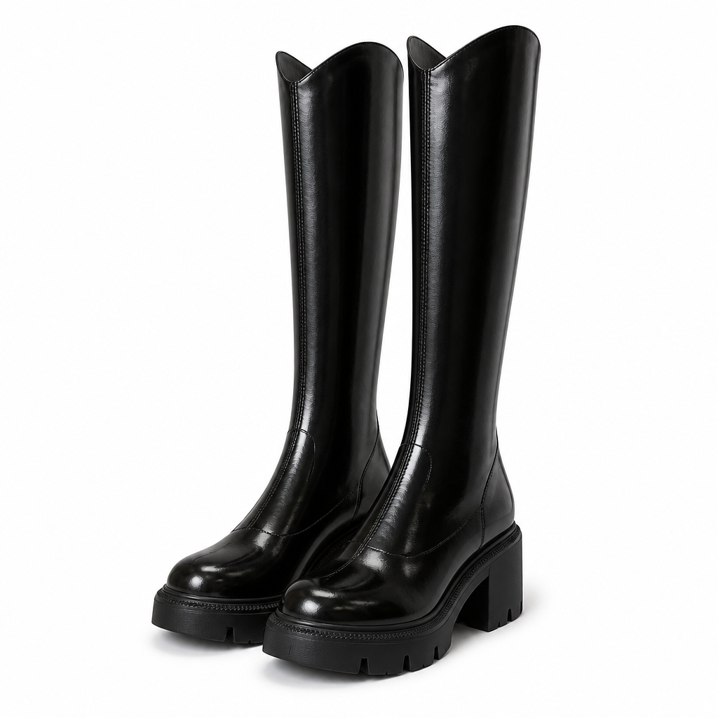 Petra | Womens Knee High Chunky Thick Heel Knight Boots Black packshot
