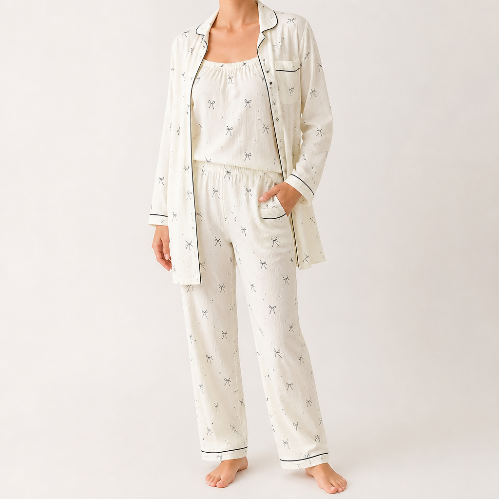 Rosalind | Womens Long Sleeve Button Up Cotton Pyjama Set Loungewear, Cream 5