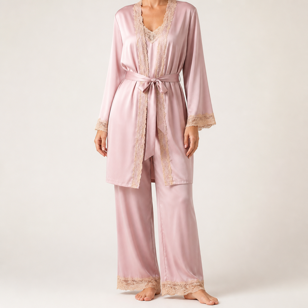 Beatrice | Womens Satin Cami Robe Lounge Set, Pink