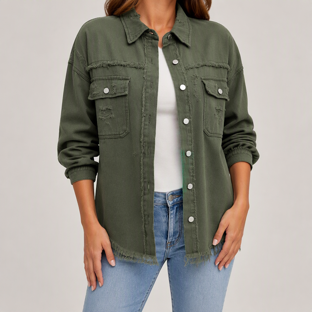 Clarissa | Womens Longline Distressed Denim Jacket, Army Green