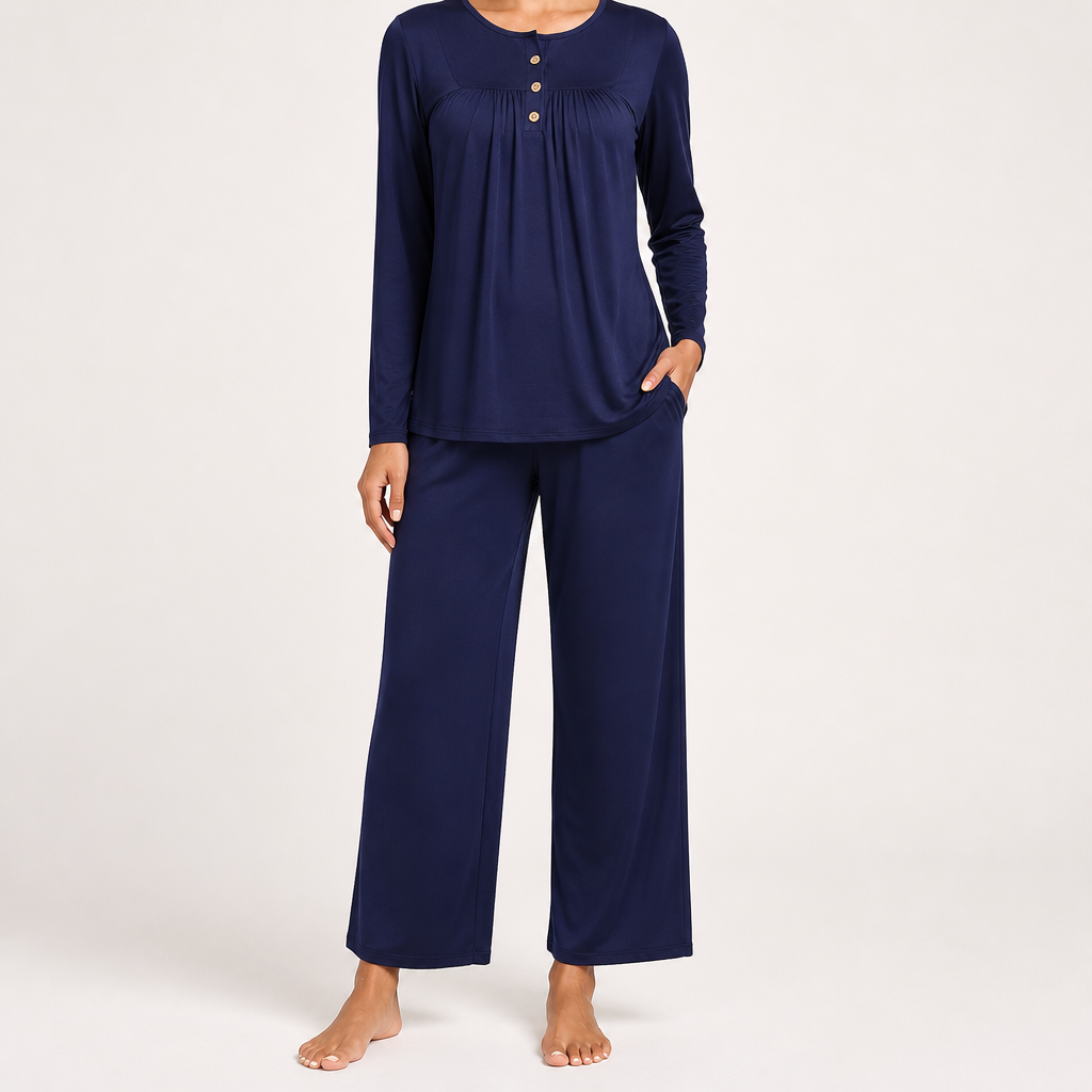 Harriet | Womens Long Sleeve Pyjama Set With Pockets Loungewear, Navy Blue