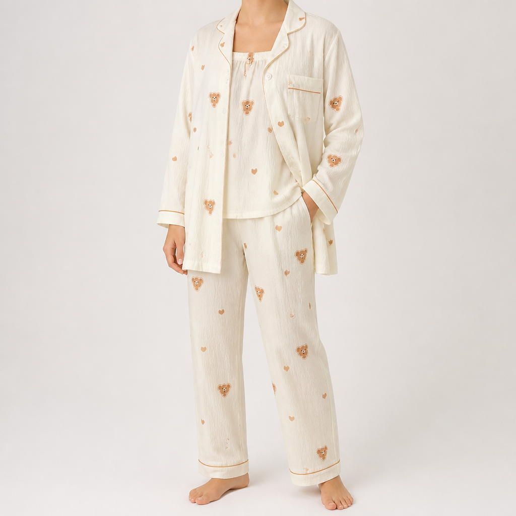 Rosalind | Womens Long Sleeve Button Up Cotton Pyjama Set Loungewear, Ivory 8