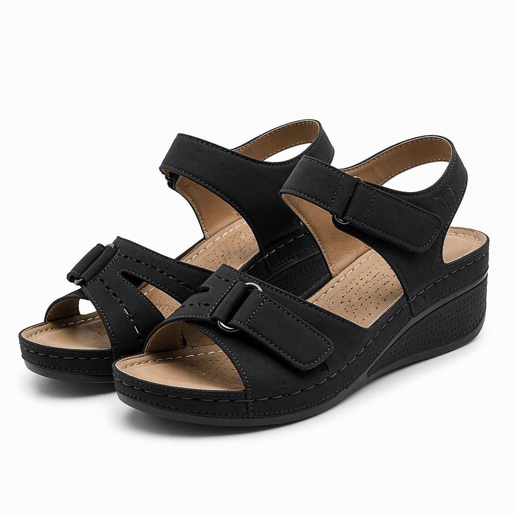Renata | Womens Wedge Sandals Round Toe Cut Out Comfort Summer Sandals Black packshot