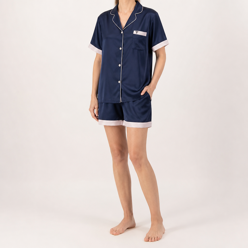 Odette | Womens Short Sleeve Satin Pyjama Set, Navy Blue