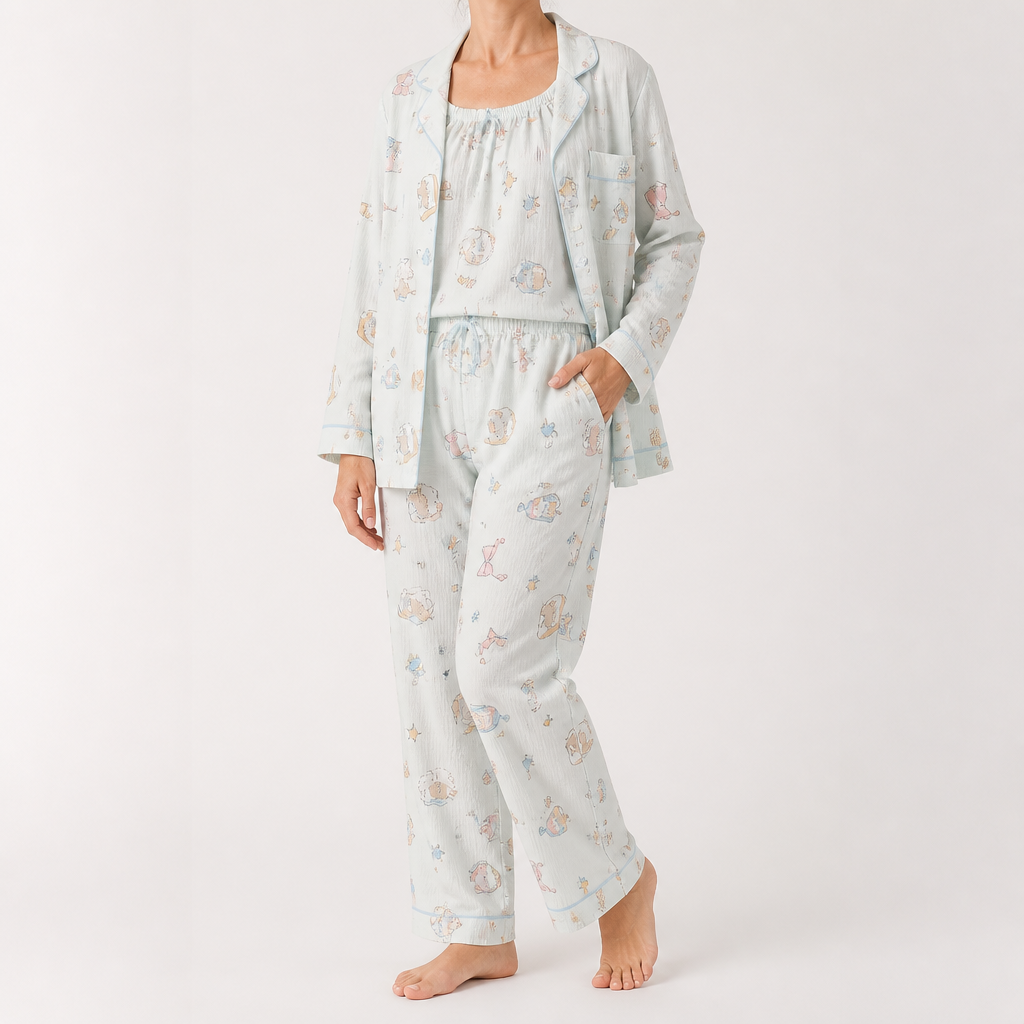 Rosalind | Womens Long Sleeve Button Up Cotton Pyjama Set Loungewear, Ivory 10