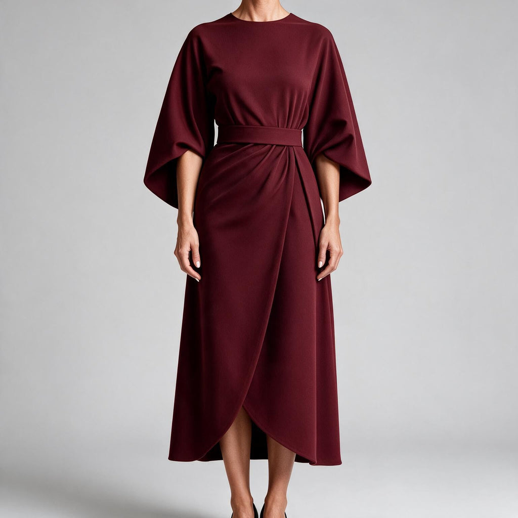 Rhoswen | Womens Wedding Guest Dresses Batwing Sleeve Maxi Elegant Dress Wine Red