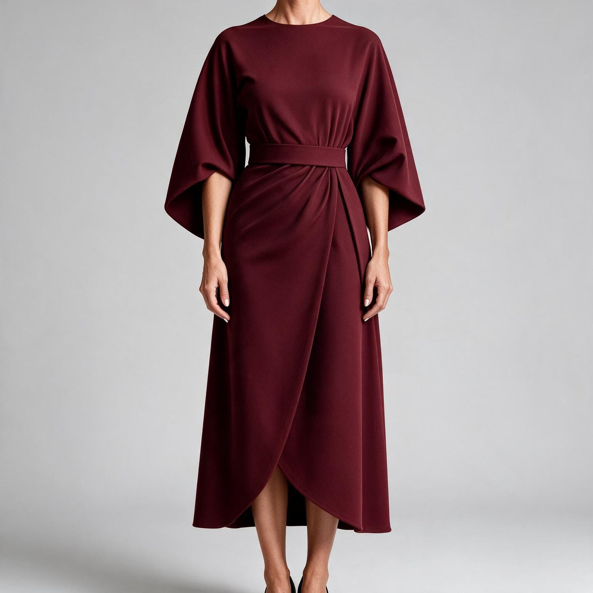 Rhoswen | Womens Wedding Guest Dresses Batwing Sleeve Maxi Elegant Dress Wine Red