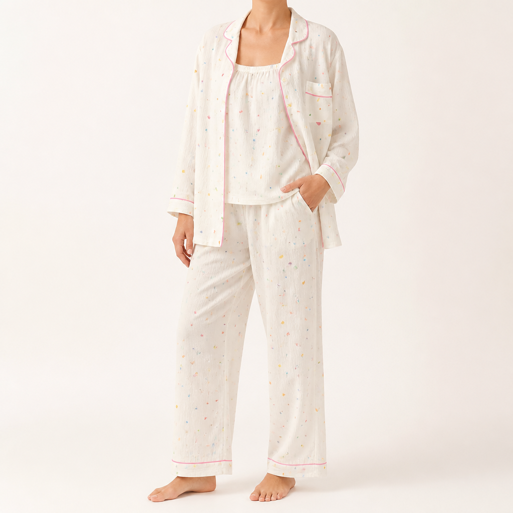Rosalind | Womens Long Sleeve Button Up Cotton Pyjama Set Loungewear, Cream