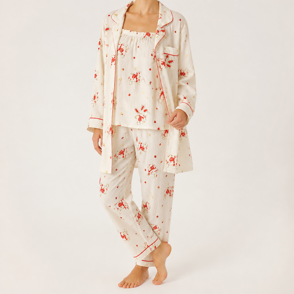 Rosalind | Womens Long Sleeve Button Up Cotton Pyjama Set Loungewear, Ivory 6