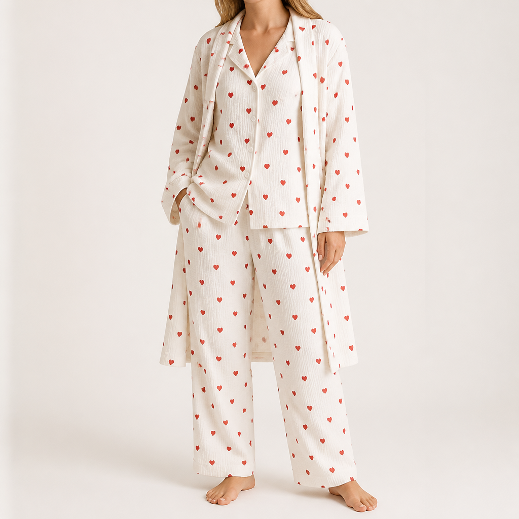 Delphine | Womens Cotton Pyjamas Heart Print Loungewear Set, Apricot