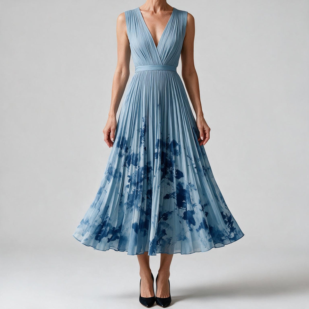 Seraphina | Womens Wedding Guest Maxi Summer Dresses Sleeveless Pleated Printed Dress Blue